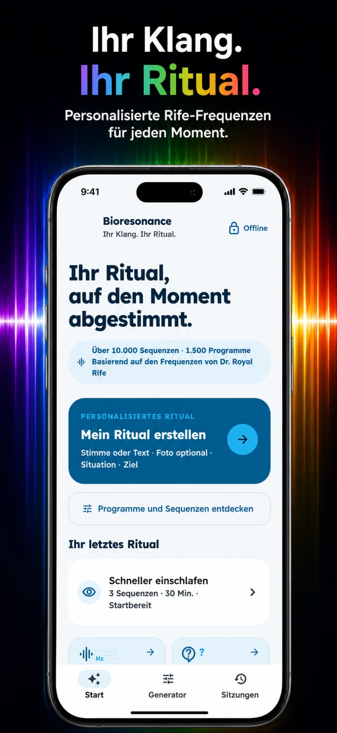 Startbildschirm der Bioresonance App mit einem persönlichen Frequenzritual