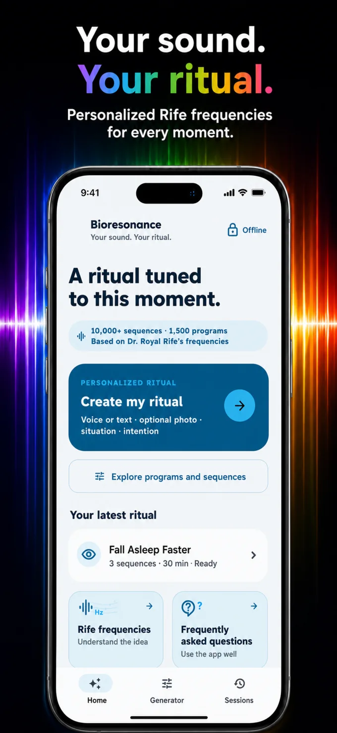 Bioresonance app home screen with a personalized frequency ritual