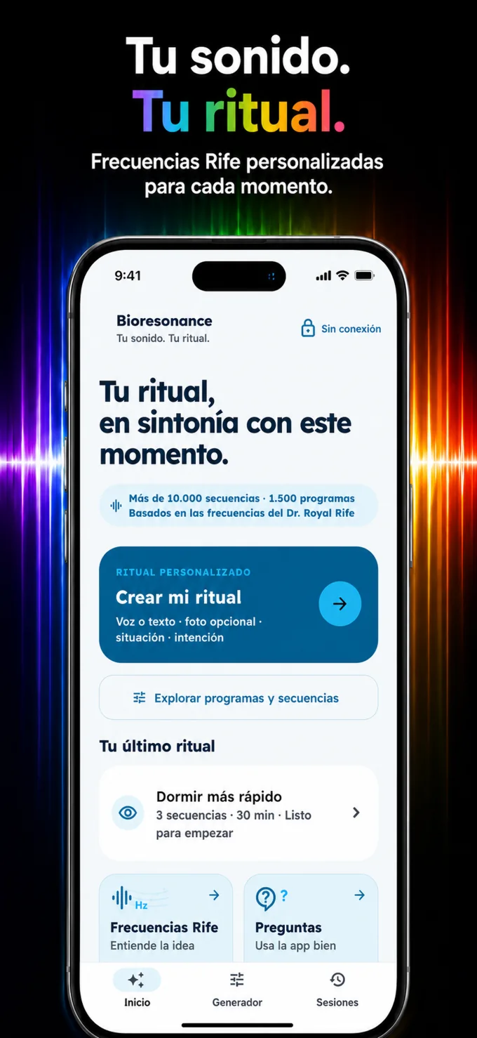 Pantalla de inicio de Bioresonance con un ritual de frecuencias personalizado