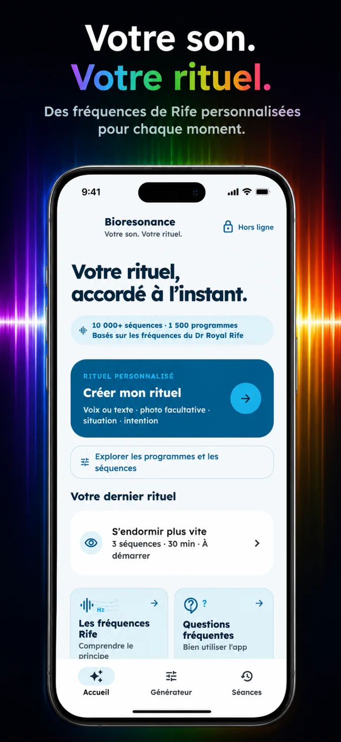 Écran d’accueil de Bioresonance avec un rituel de fréquences personnalisé