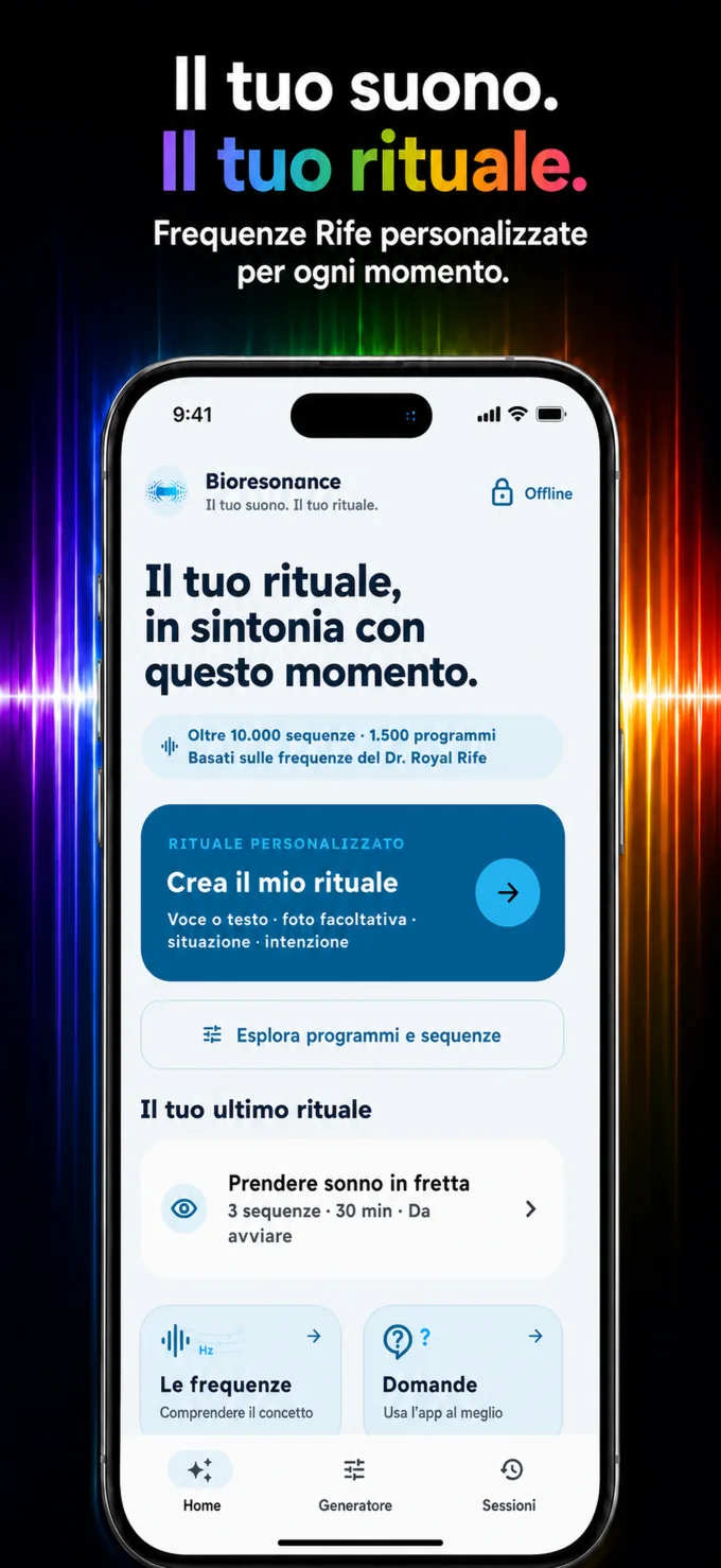 Schermata iniziale dell’app Bioresonance con un rituale di frequenze personalizzato