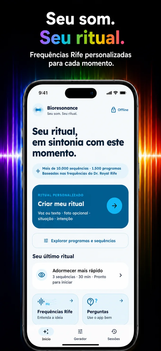 Ecrã inicial da app Bioresonance com um ritual de frequências personalizado