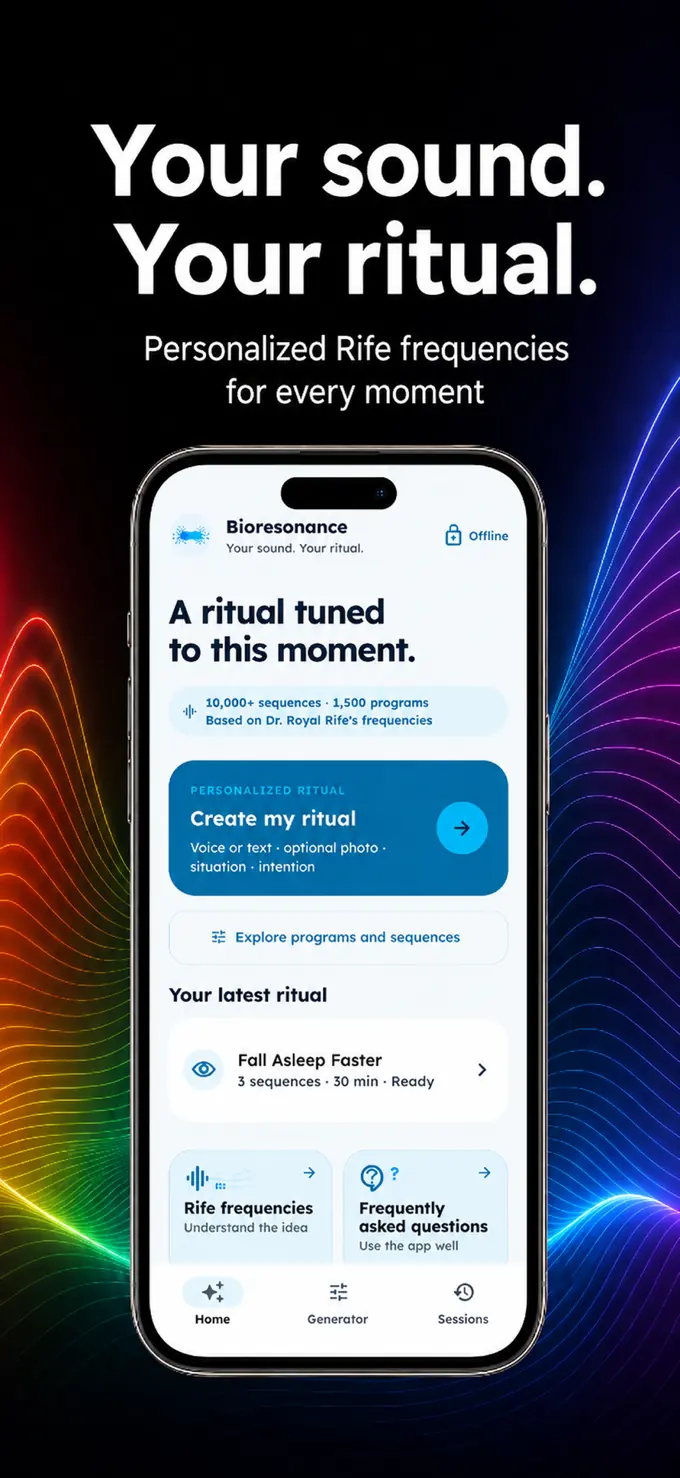 Bioresonance home screen showing a personalized Rife frequency ritual